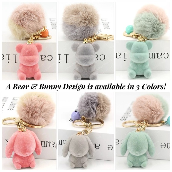 Gray Felt Bunny Rabbit Charm with Gray Pom Pom Keychain - Picture 2 of 11